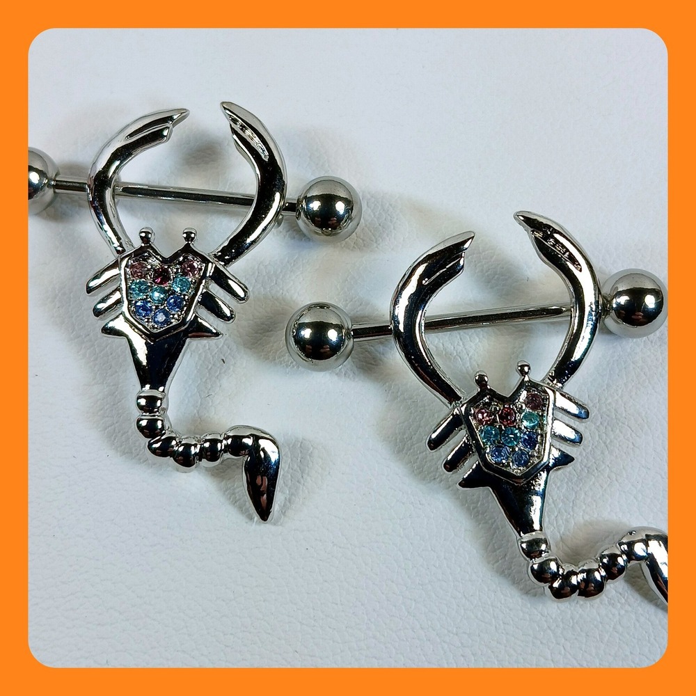 Vintage 1990s Scorpion Nipple Shields 14G 316L Surgical Steel Pair Rhinestone